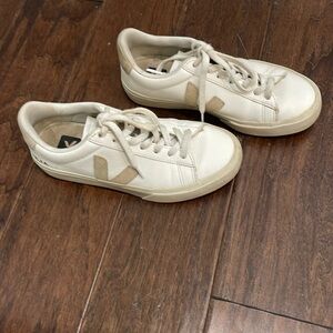 Women’s Veja sneakers. Size 7.5. White and tan. Good used condition.